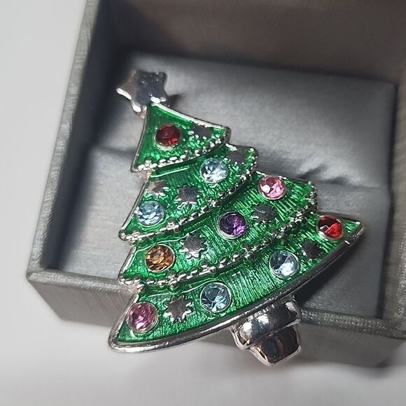 Christmas Tree Pin with Colored Jewel Ornaments & Silver Star - Picture 1 of 5